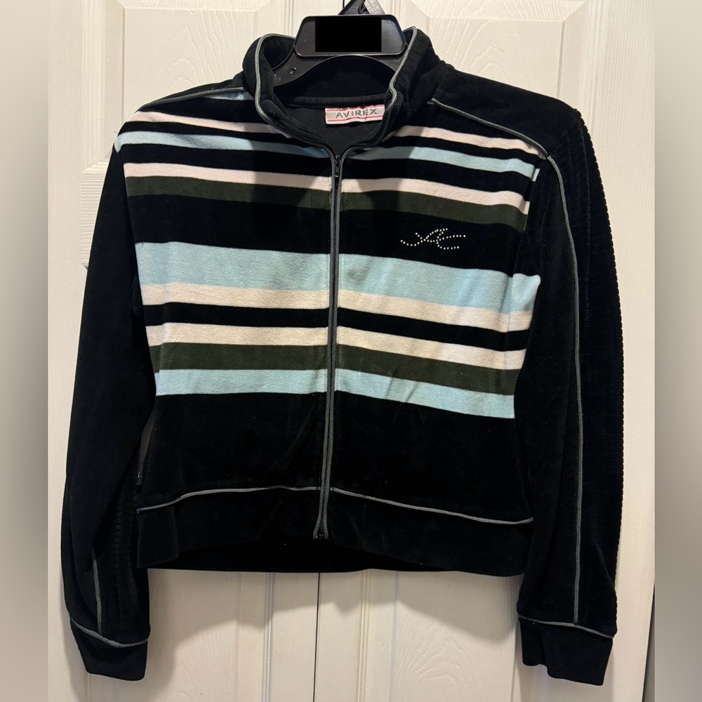 Avirex Vintage Women’s Striped Long Sleeve Crop zipper jacket Sz:L black/bue